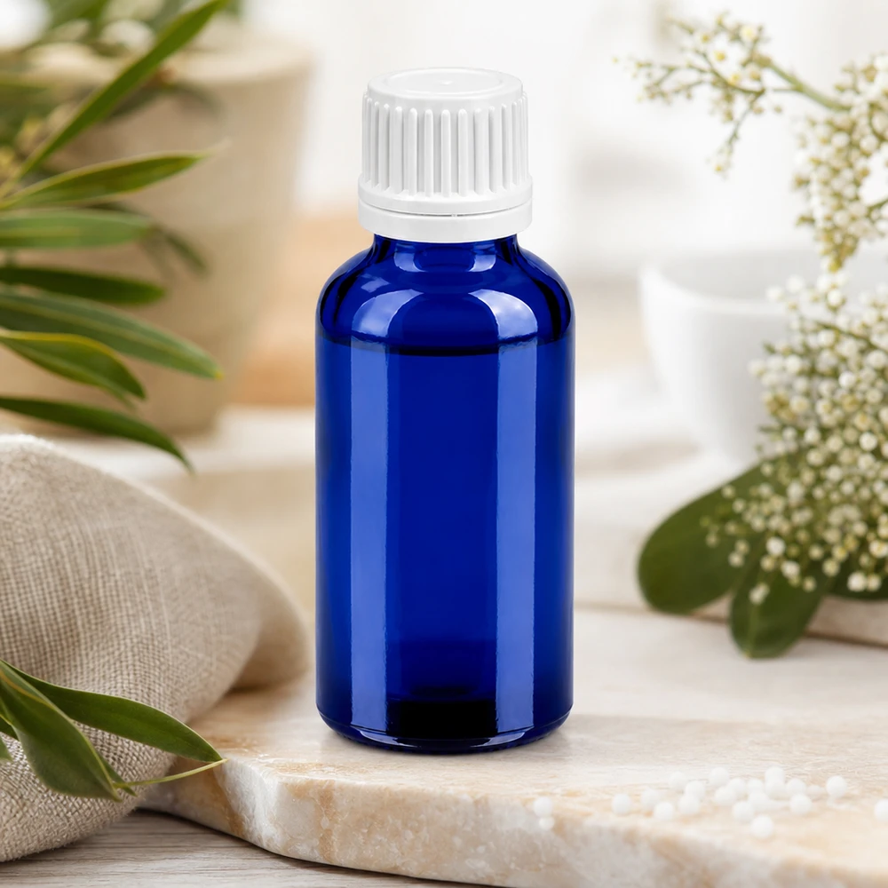 Flacon 30ml 11mm SV blanc OV BlueLine UT18/30 Bouteille en verre bleu de qualité pharmaceutique de 30 ml avec bouchon à vis sécurisé pour les préparations médicales
