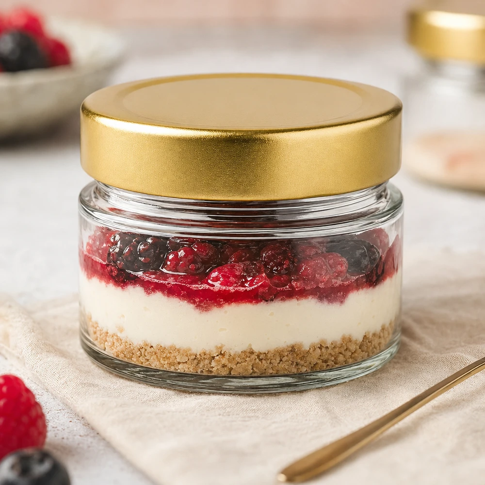 Verre rond de 80ml avec couvercle BasicSeal gold deep comme verre à dessert avec cheesecake et baies dans une élégante décoration de table