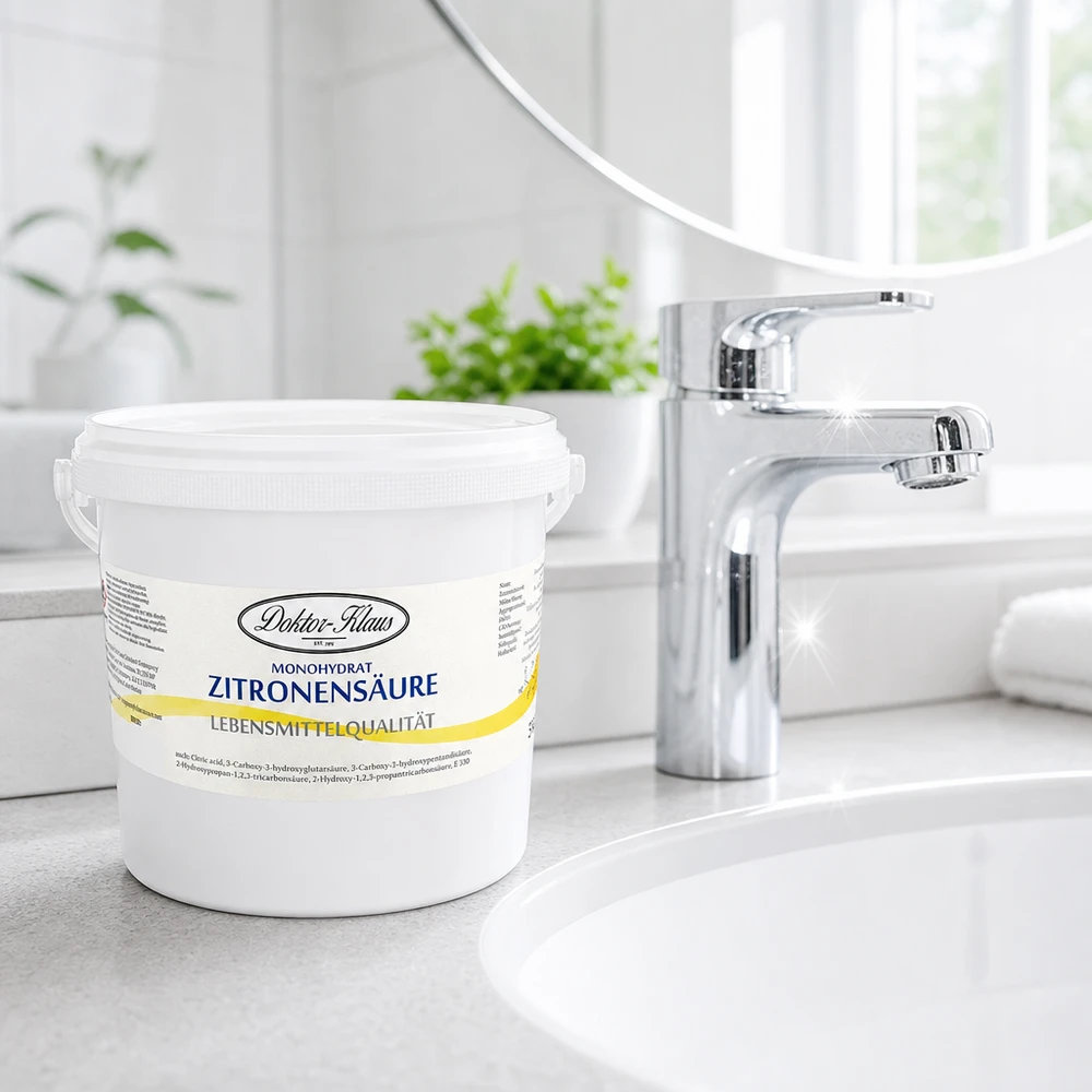 Acide citrique Doktor-Klaus 5kg dans un seau blanc fermant à clé sur un plan de travail de cuisine moderne