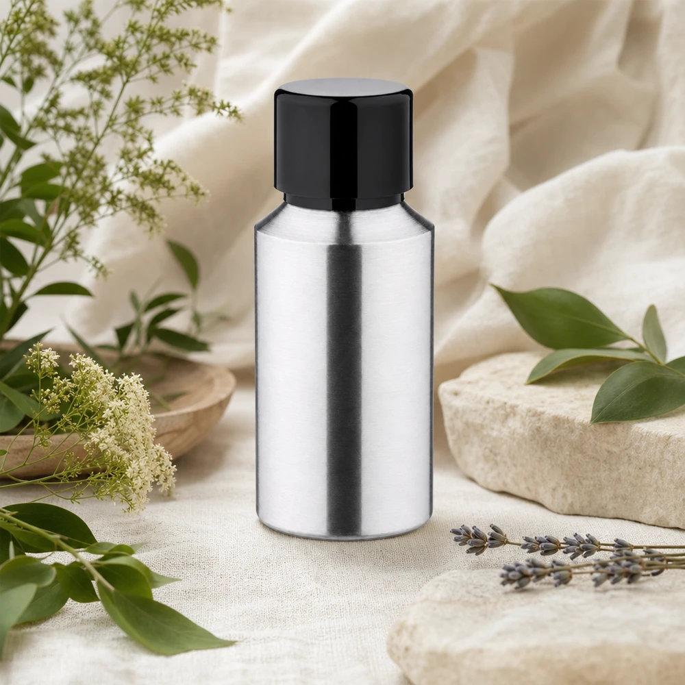 Bouteille en aluminium poncé 30 ml, avec bouchon à vis noir et joint conique Flacon en aluminium rodé de 30 ml avec protection UV Propriétés idéales pour les substances sensibles à la lumière