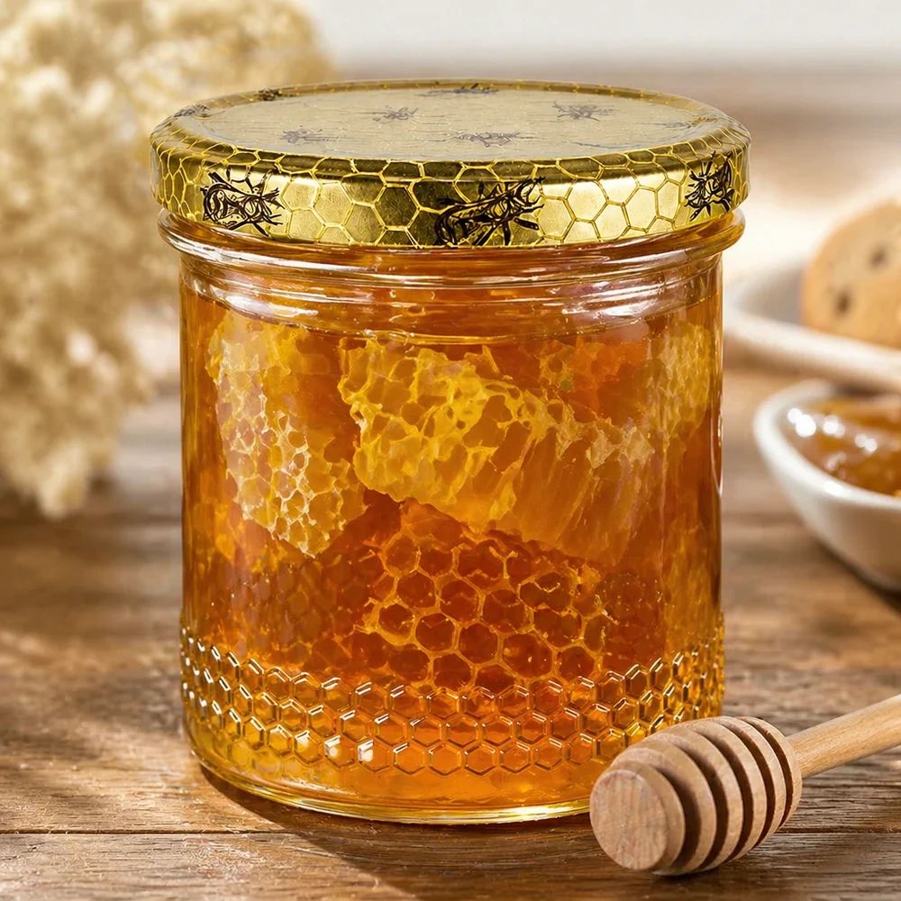 Pot à miel 400ml avec contenu alvéolé et couvercle BasicSeal, cuillère à miel en bois, présentation authentique de l'apiculture