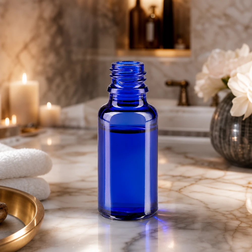 Flacon avec compte-gouttes 20 ml DIN18 - verre bleu Flacon de pharmacie compact de 20 ml en verre bleu, idéal pour les portions de voyage et l'utilisation mobile