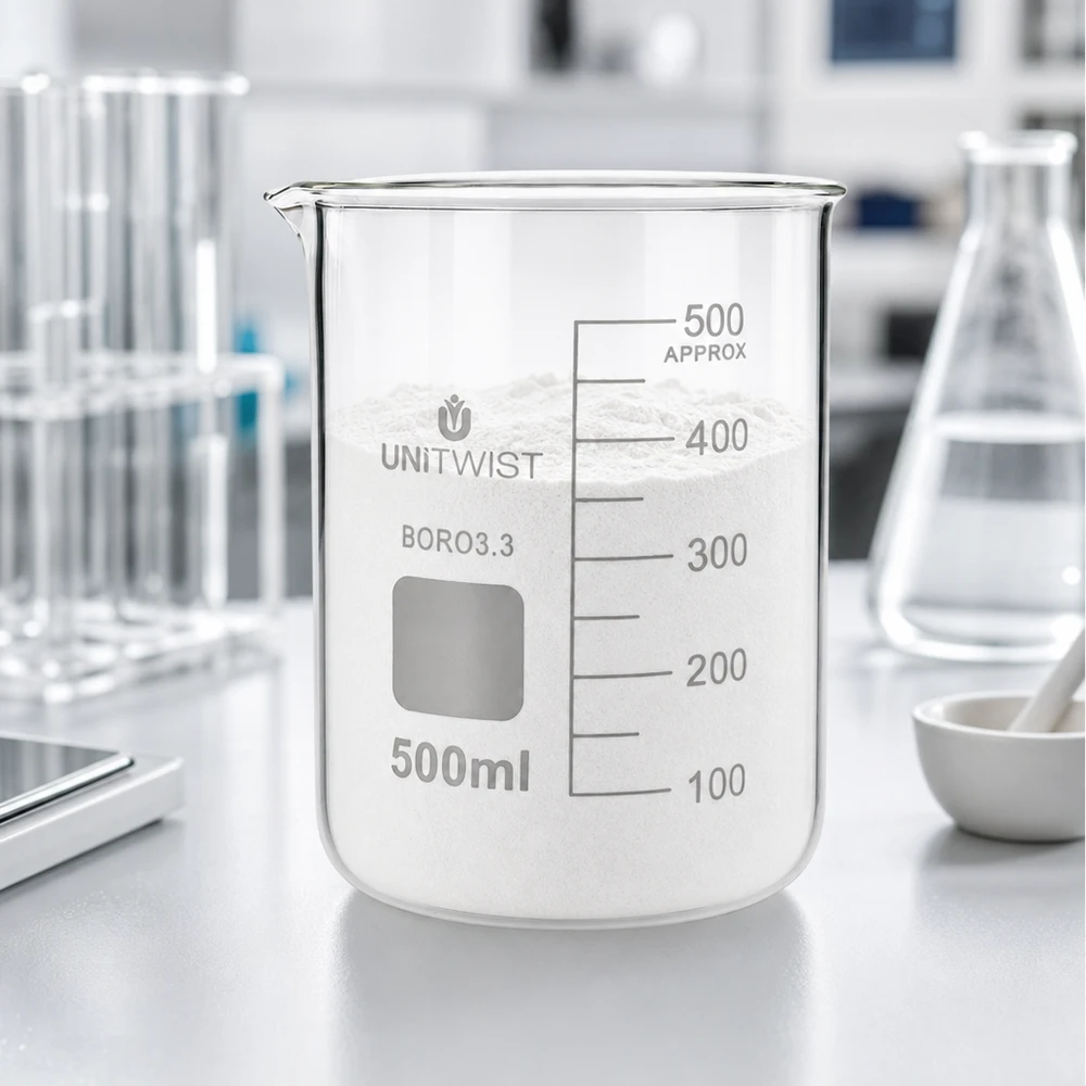 Bécher 500ml borosilicate, forme basse UNiTWIST Verre à bécher de forme basse, 500 ml, UNiTWIST BORO3.3, contenant de la poudre blanche, avec un repère à 450 ml