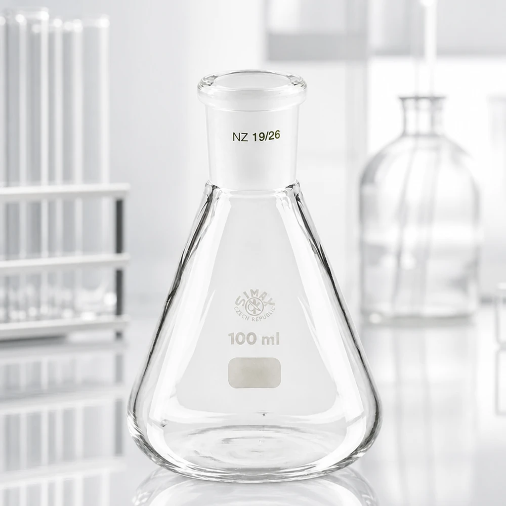 Erlenmeyer 100 ml col étroit, verre borosilicate à rodage normalisé 19/26 Erlenmeyer 100 ml col étroit, verre borosilicate à rodage normalisé 19/26