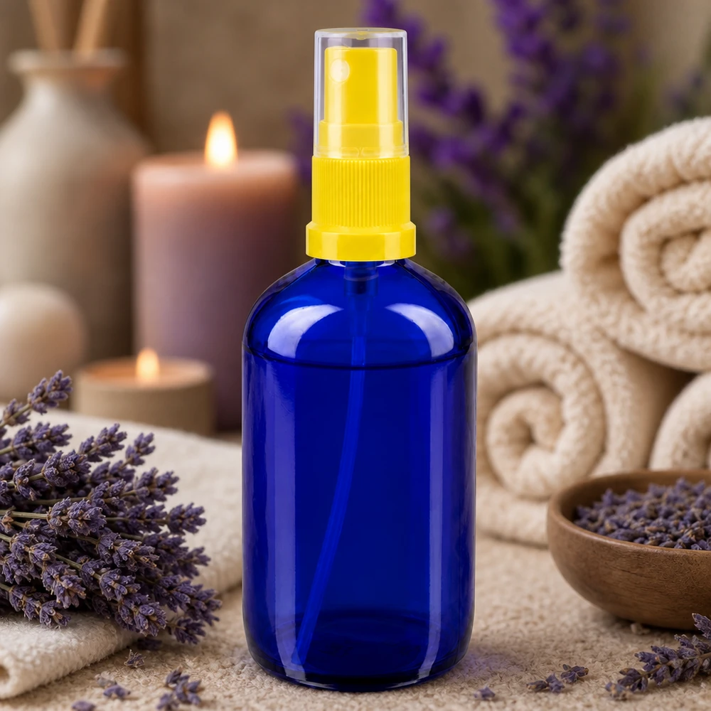 Flacon en verre d'apothicaire avec protection UV, 100 ml, vaporisateur jaune, idéal pour les huiles essentielles