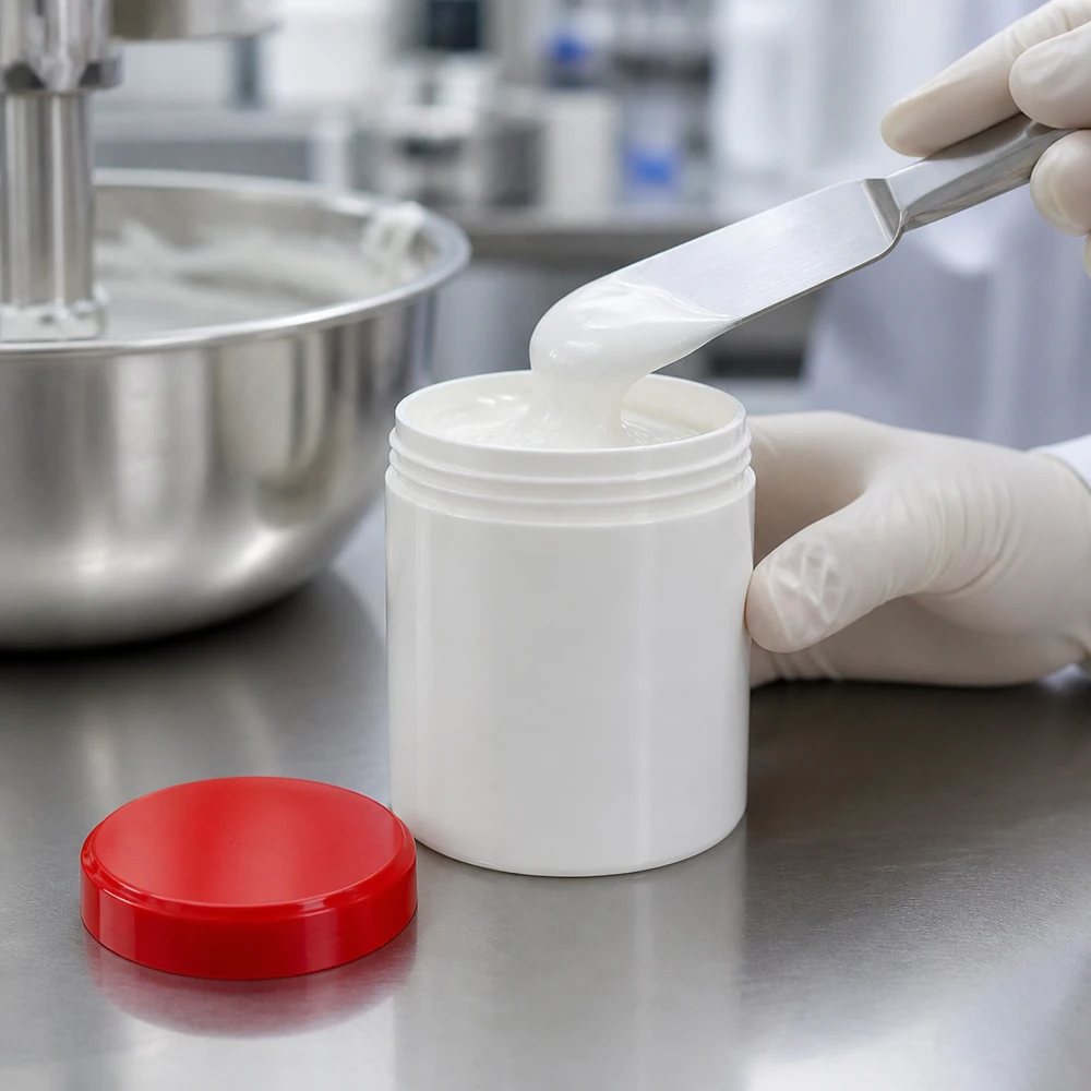 Des gants tiennent un pot blanc de 10 g pendant le remplissage de crème onctueuse à l'aide d'une spatule