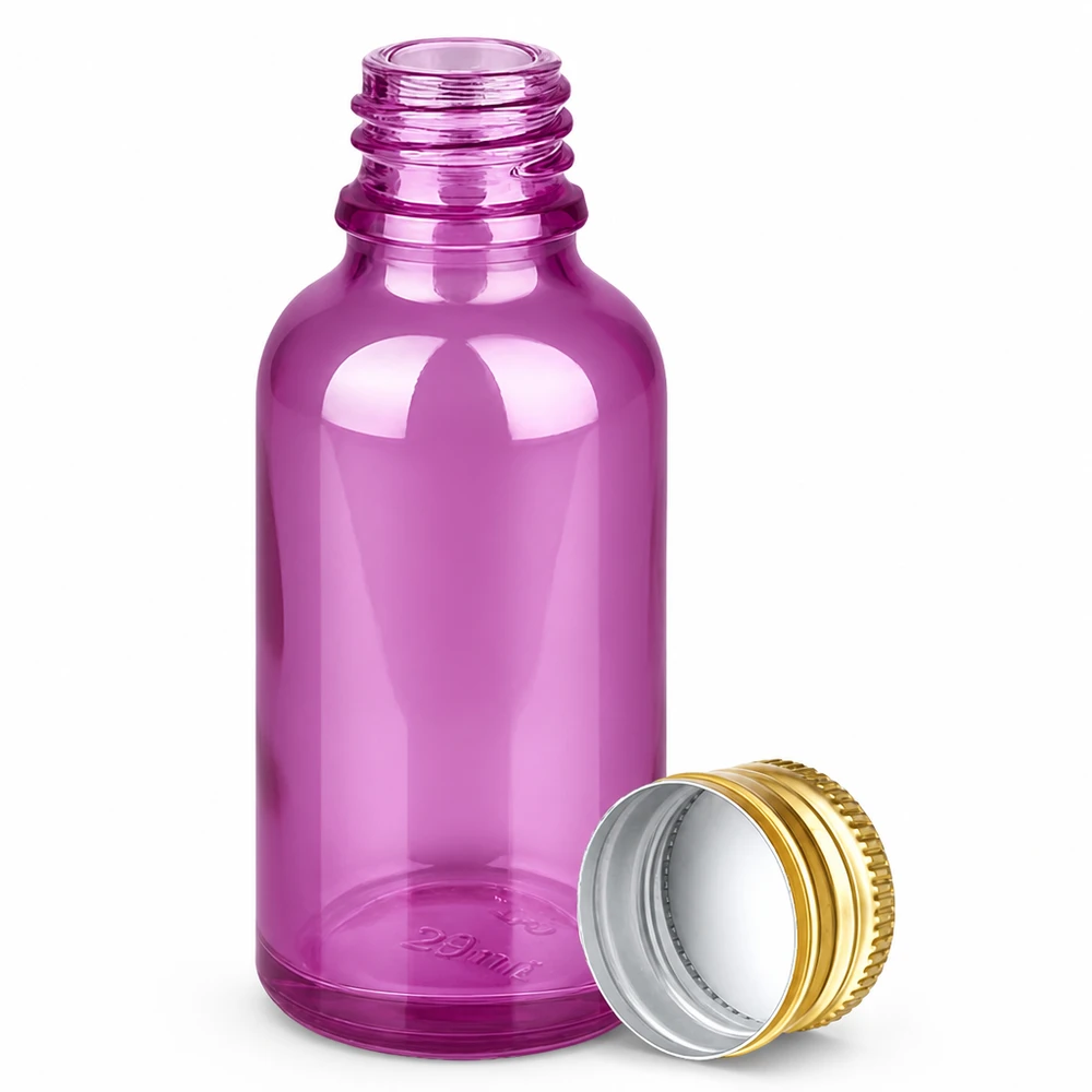 Flacon 30ml bouchon à visser 11mm alu-or standard PurpleLine. UT18/30 Flacon en verre violet de 30ml avec ouverture de 11mm et protection UV pour les substances sensibles à la lumière