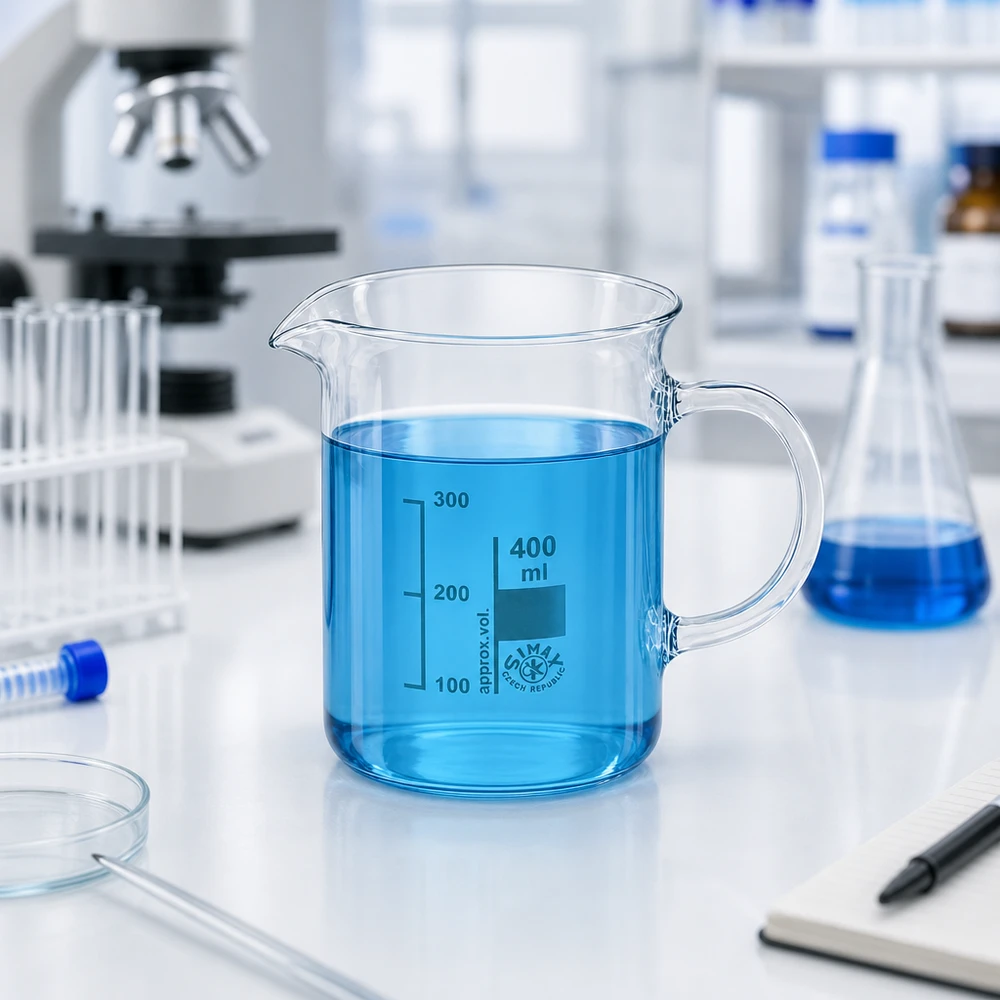 Bécher avec poignée 400ml en verre borosilicate résistant à la chaleur (forme normale) Bécher en verre résistant à la chaleur de 400 ml avec anse, destiné aux applications chimiques en laboratoire