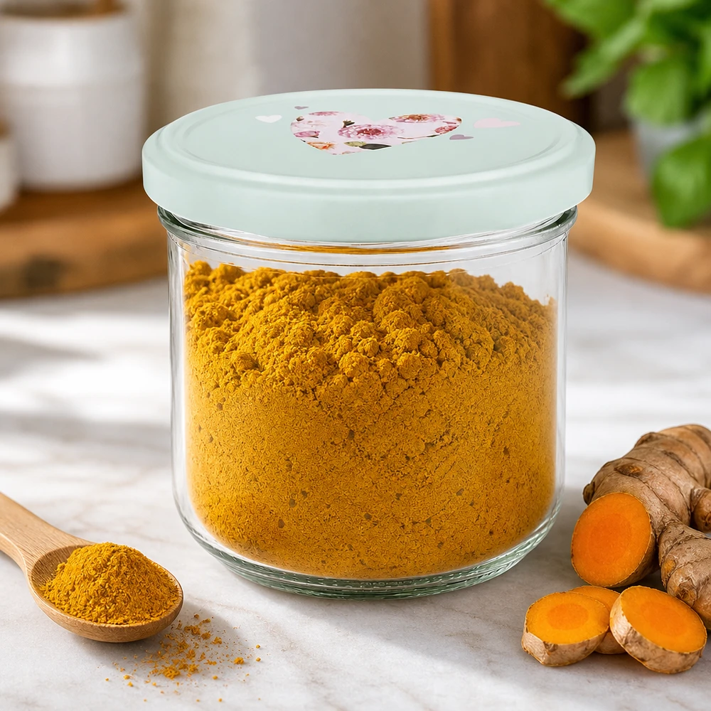 Verre renversé de 260 ml avec couvercle BasicSeal rempli de poudre de curcuma, à côté de racines de curcuma fraîches et d'une cuillère en bois