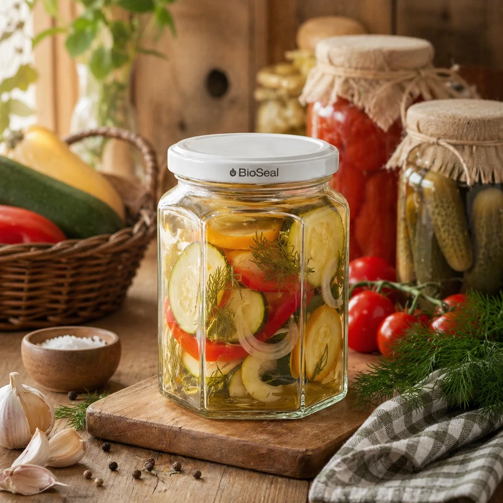 288ml Verre hexagonal avec couvercle BioSeal blanc UNiTWIST UNiTWIST Hexa288 bocal hexagonal rempli de Mixed Pickles sur planche en bois dans une cuisine rustique