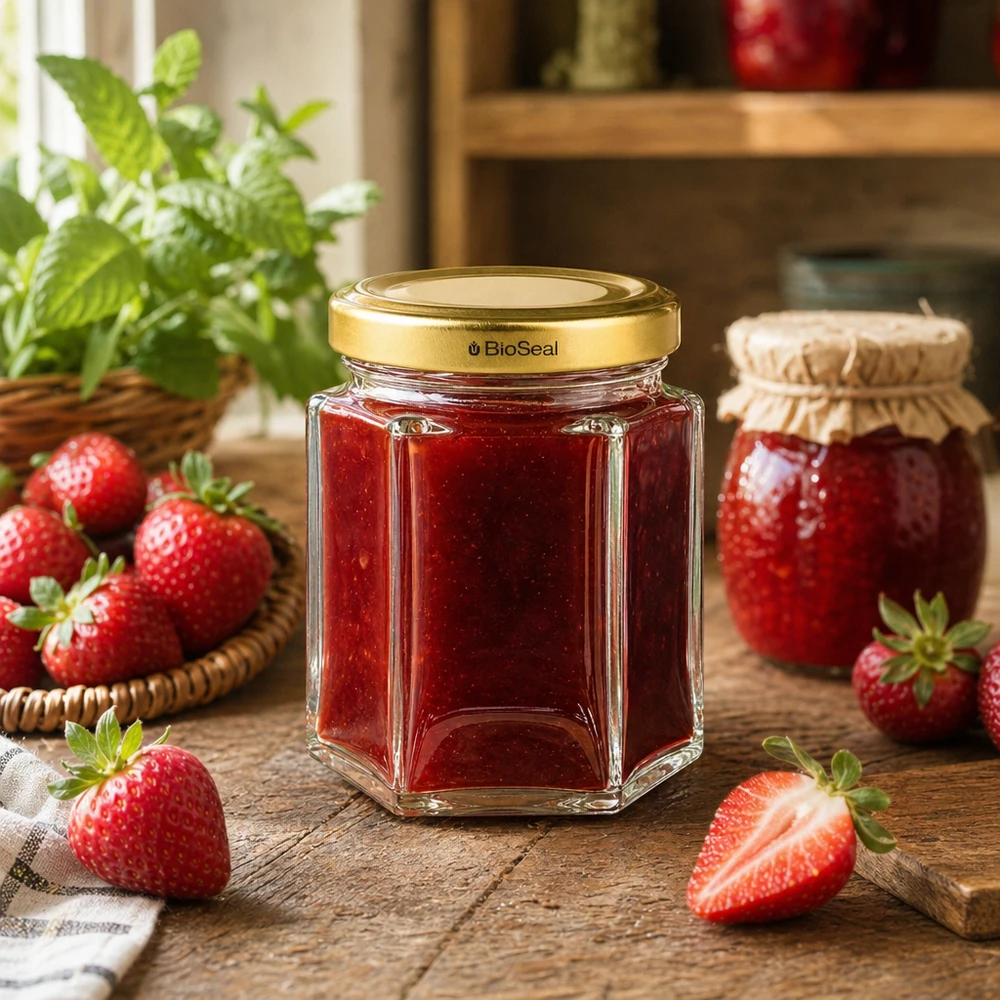Pot de miel BioSeal de 60g rempli de confiture de fraises dans un décor de cuisine avec des fraises fraîches et de la menthe