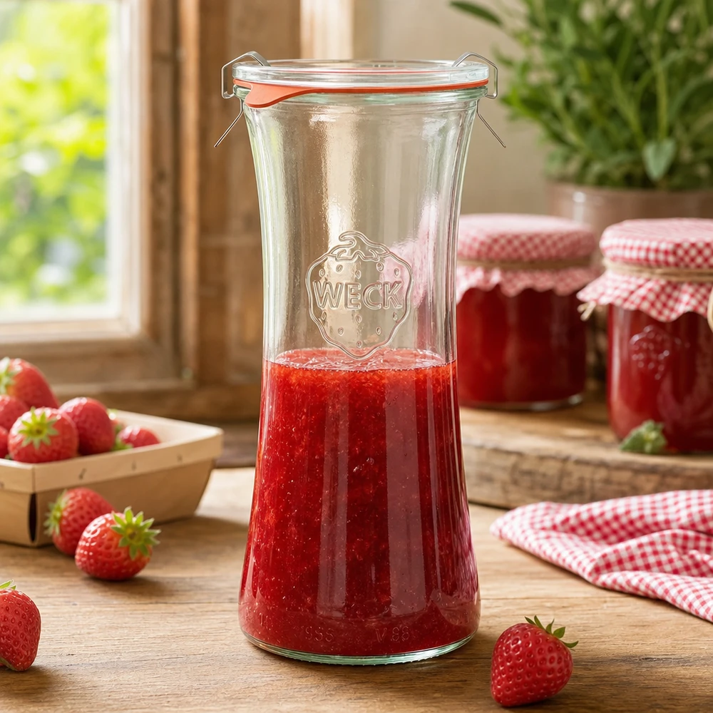 700ml bocal à gourmandises complet WECK RR80 WECK RR80 Pot pour délicatesse de 700ml rempli de confiture de fraises, pot de conserve avec fermeture à étrier dans une scène de cuisine
