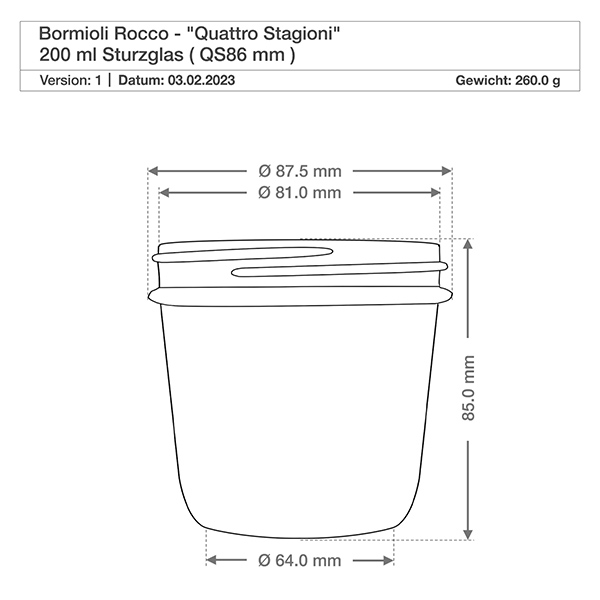 Verre renversé de 200 ml « Quattro Stagioni » avec couvercle 200ml verre à pied Quattro Stagioni avec couvercle dimensions 87,5mm diamètre 85mm hauteur dessin technique Bormioli Rocco