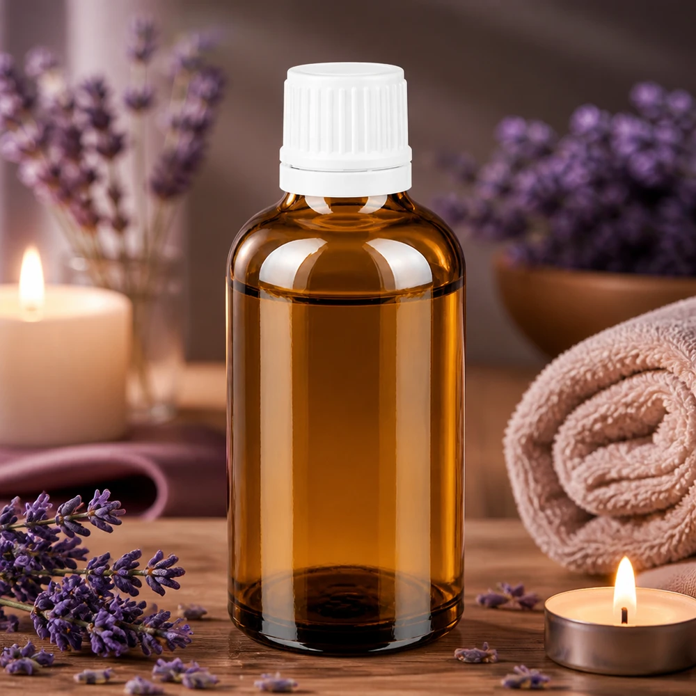 Flacon de pharmacie en verre ambré de 50 ml avec bouchon OV blanc, pour l'aromathérapie et le bien-être