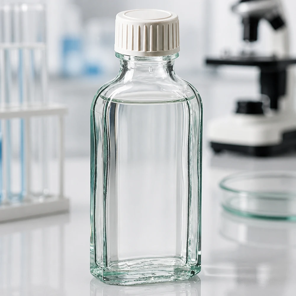 Flasque transparente de 50 ml au goulot DIN 22, avec bouchon à vis DIN 22 blanc en PP et joint mousse en PE Flacon Meplat transparent de 50 ml avec insert en mousse de PE, à côté d'un microscope et de boîtes de Pétri