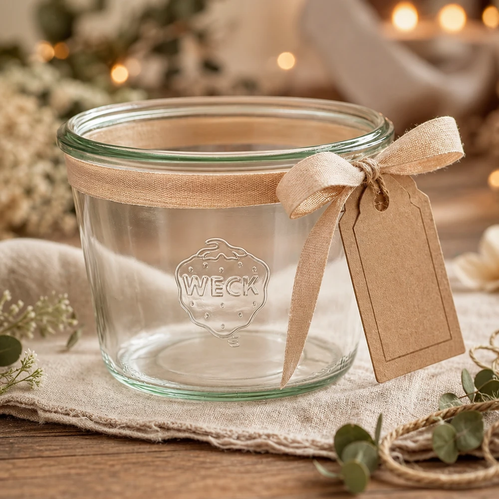 WECK Verre renversé 370ml RR100 décoré avec ruban et pendentif sur une table en bois rustique