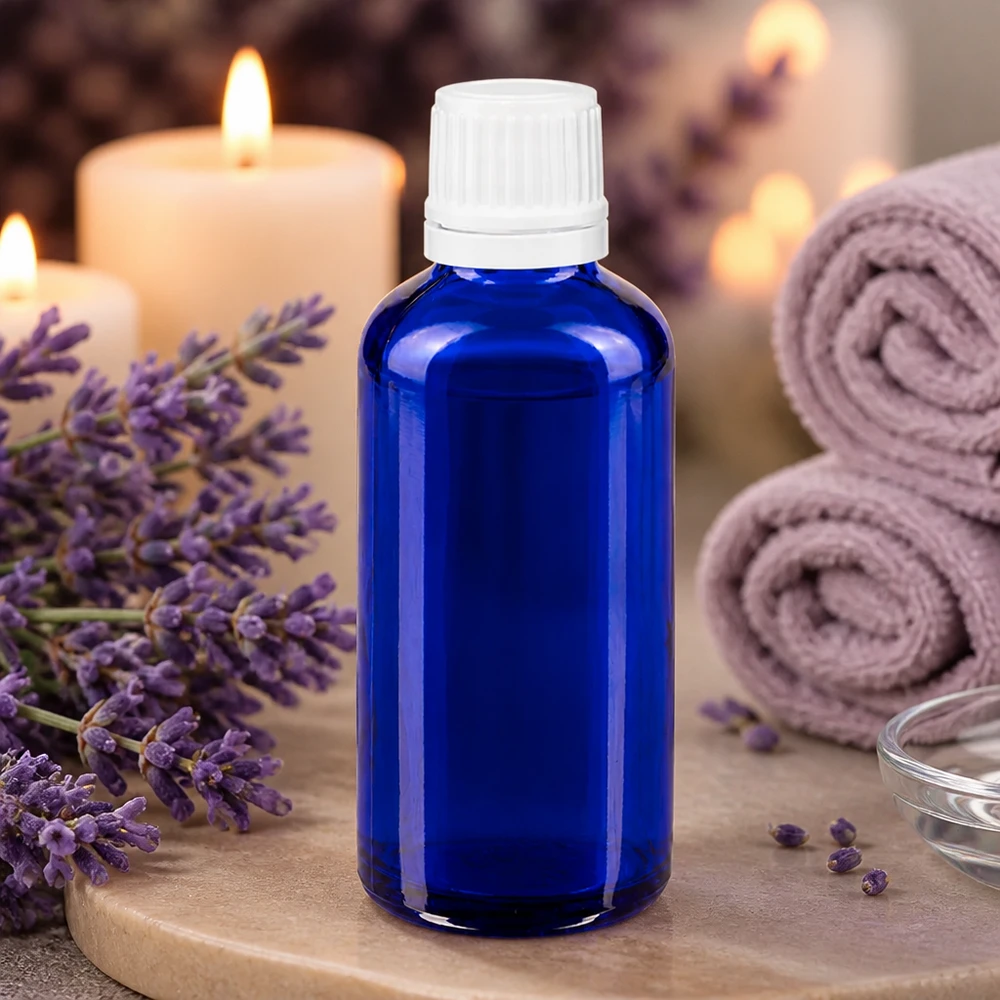 Flacon de pharmacie de 50 ml, bleu cobalt, muni d'un bouchon d'inviolabilité blanc à sécurité enfant
