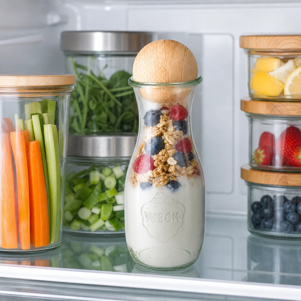 530ml Bouteille à jus de fruits WECK RR60 avec boule en bois en hêtre