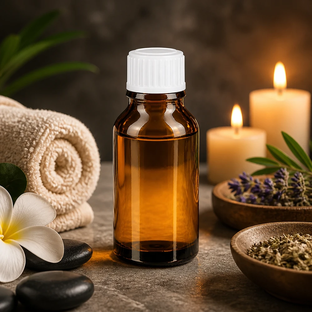 Flacon compte-gouttes en verre ambré de 15 ml avec bouchon blanc de 0,8 mm, à côté d'une serviette et d'une fleur de frangipanier