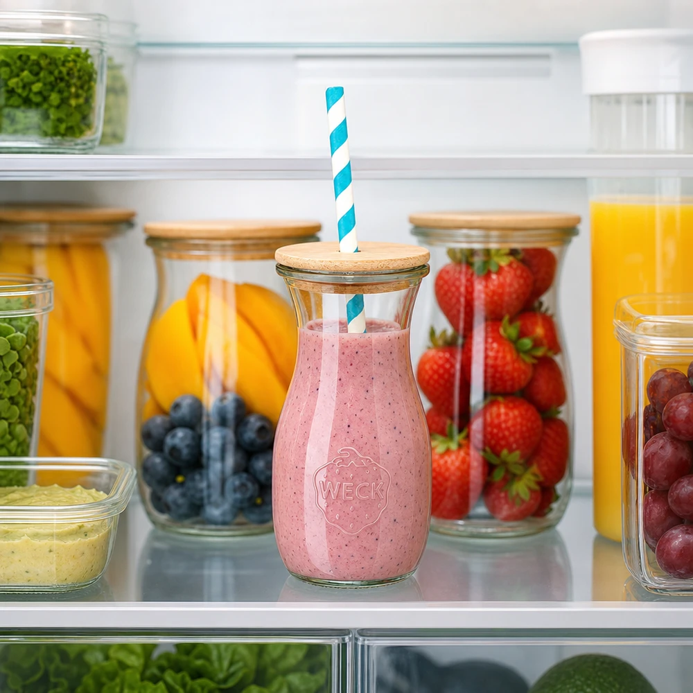 Bocal conique WECK 290 ml (1/5 L) avec couvercle WECK Bouteille de jus 290ml avec smoothie à la fraise au réfrigérateur entre les fruits frais Couvercle en bois Paille en papier