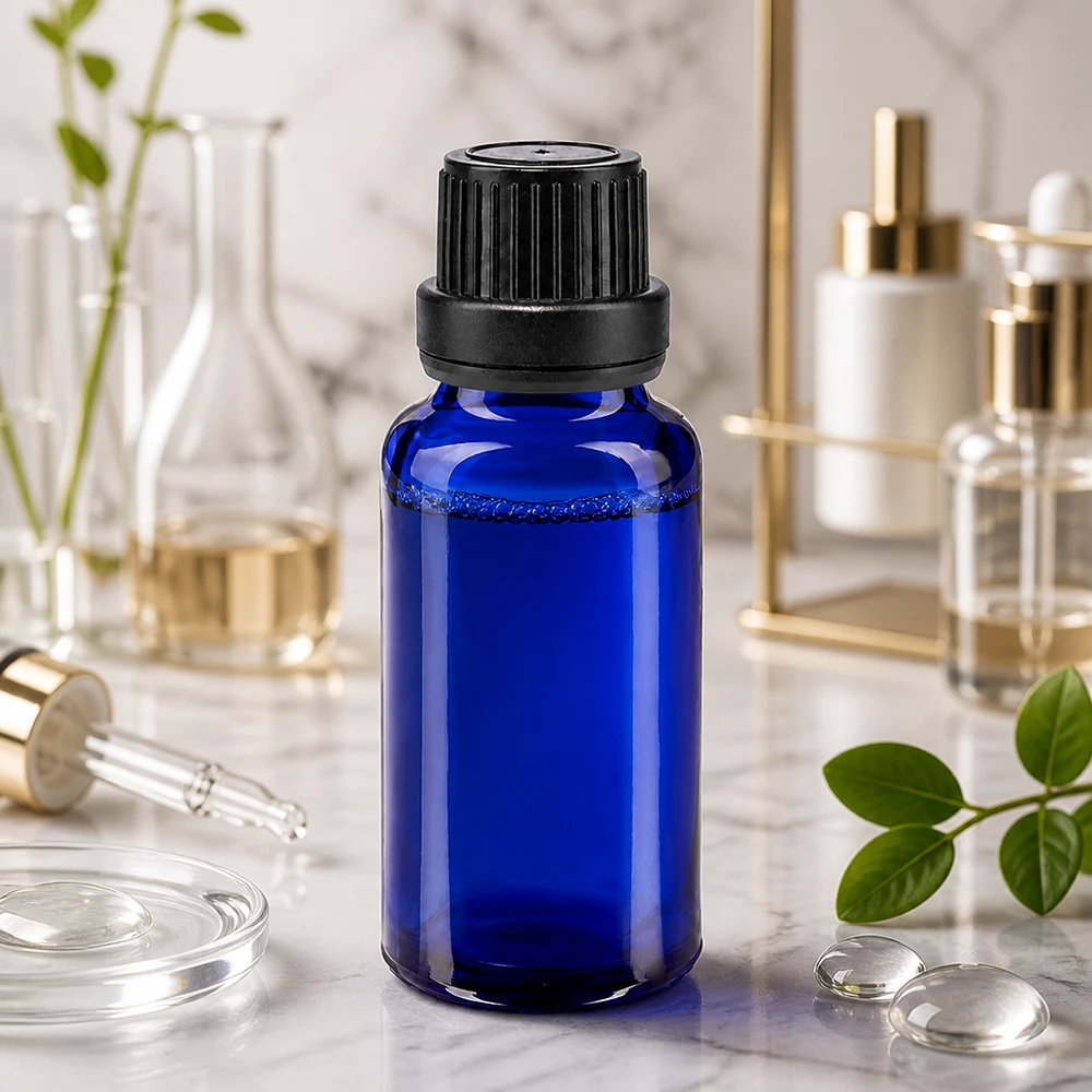 Flacon en verre d'apothicaire bleu cobalt, 20 ml, bouchon à vis noir, protection UV, verre, cosmétiques