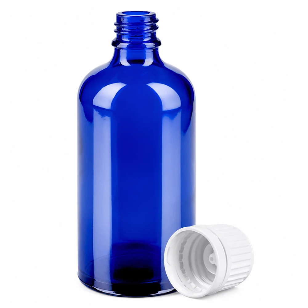 Flacon 100ml 11mm SV blanc OV BlueLine UT18/100 Petit flacon en verre bleu de 100ml avec bouchon à vis de 11mm Qualité BlueLine