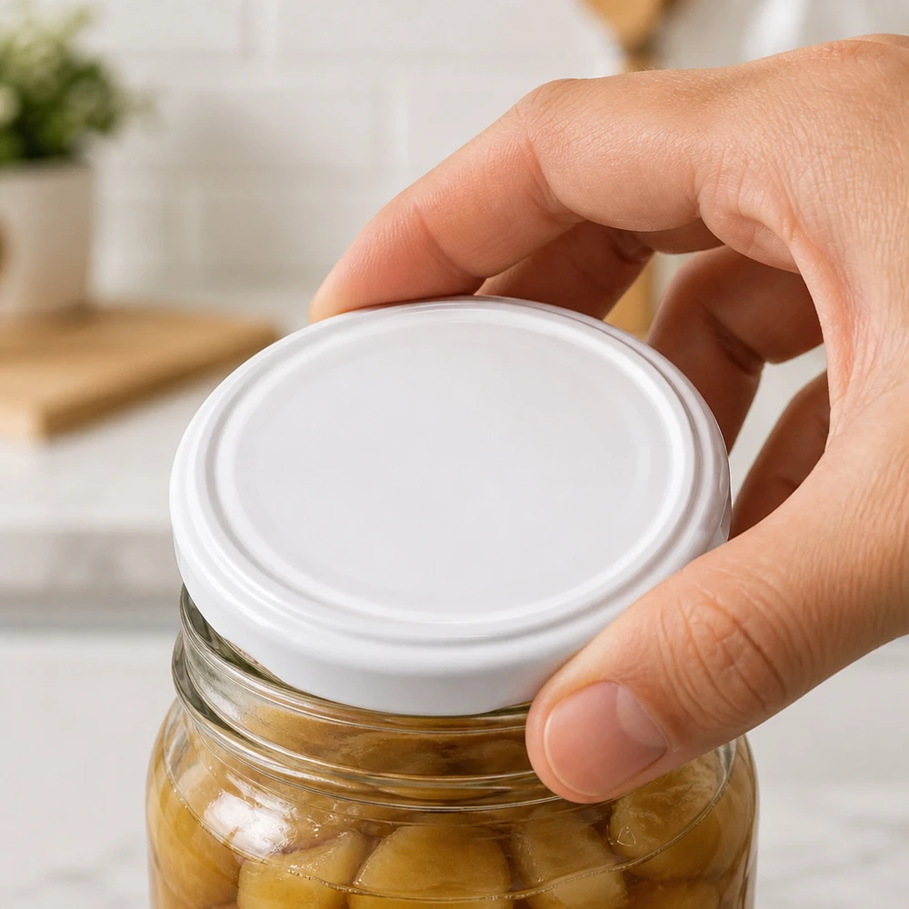 82mm Bouchon BioSeal blanc (TO82) UNiTWIST Couvercle TO82 blanc, sans BPA, de la marque Unitemp : une main pose un couvercle métallique sur un bocal Einweck rempli