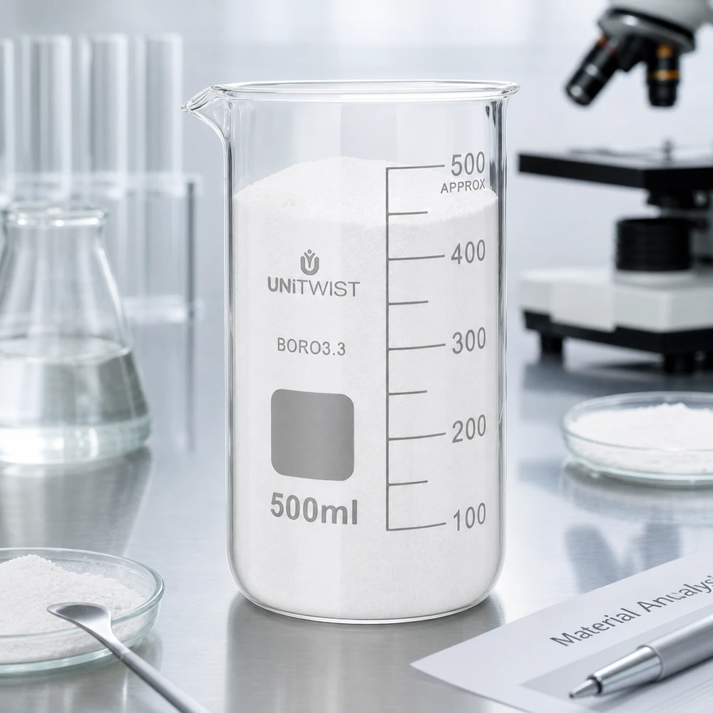 Verre doseur UNITWIST de 500 ml, modèle haut, destiné à l'analyse des matériaux avec de la poudre de laboratoire blanche