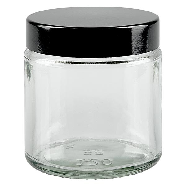 Pot en verre 120ml transparent, avec couvercle en bakélite noir Pot en verre 120ml transparent, avec couvercle en bakélite noir