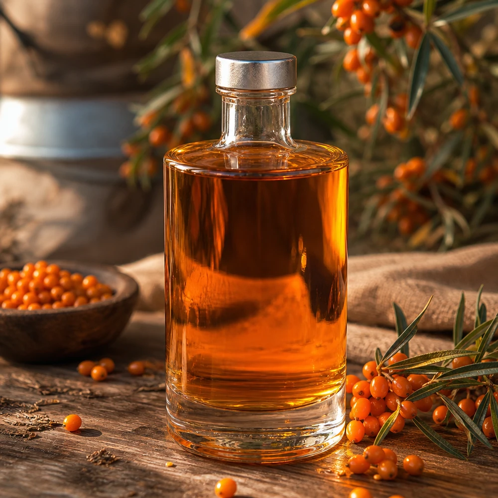 Bouteille en verre Sam de 375 ml remplie d'huile d'argousier orange entre des baies d'argousier et une décoration naturelle