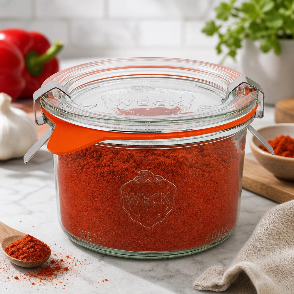WECK Pot renversé 200ml RR80 rempli de paprika en poudre montre une conservation parfaite des épices dans la cuisine moderne