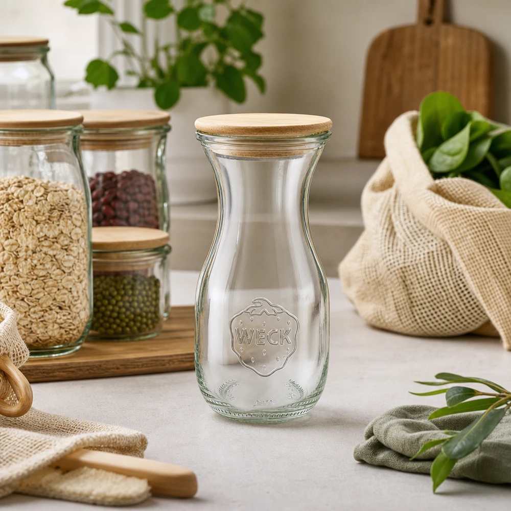 WECK Bouteille de jus 290ml avec couvercle en bois dans la cuisine Zero-Waste avec bocaux à provisions et sacs en jute