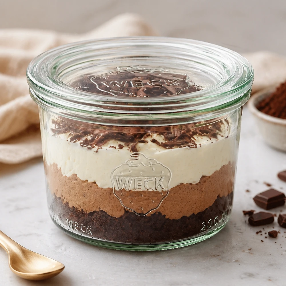 WECK Verre renversé 200ml RR80 rempli de dessert en couches montre une utilisation polyvalente comme verre à dessert et plat de service