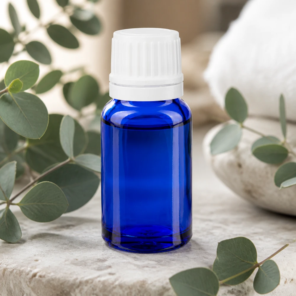 Flacon de pharmacie bleu 10ml bouchon vissable blanc bouchon d'inviolabilité Flacon en verre bleu cobalt de 10 ml avec bouchon d'inviolabilité et filtre à eucalyptus pour huiles essentielles