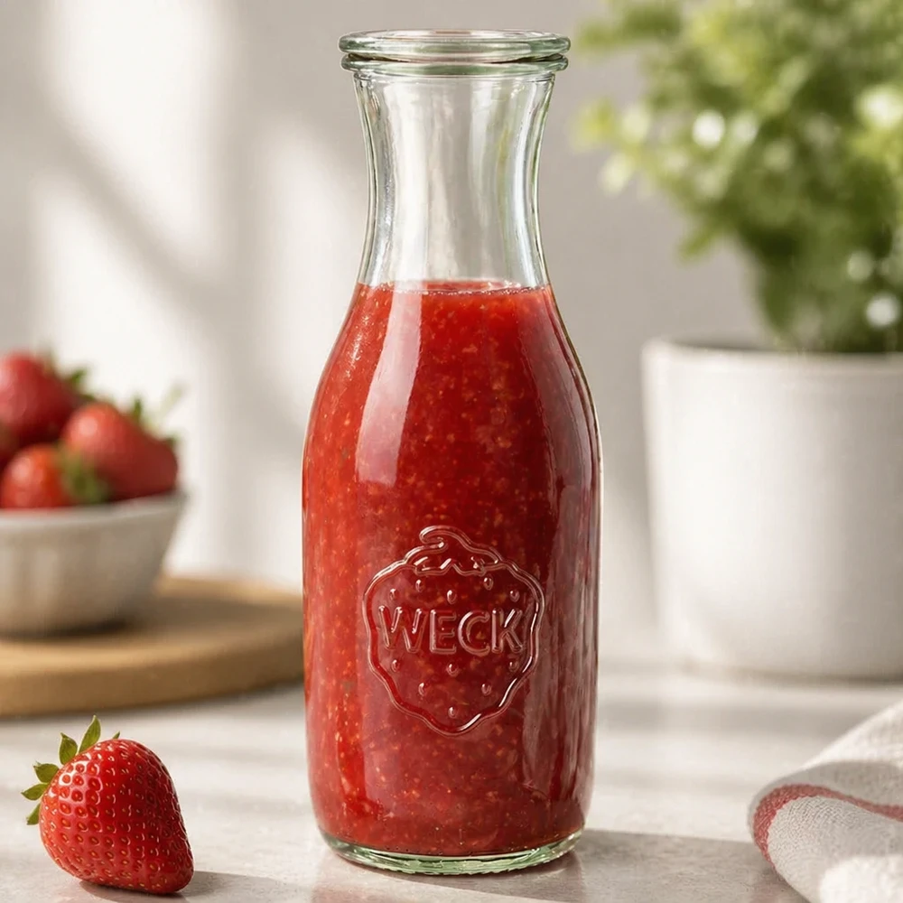 WECK Bouteille de jus de 1062ml remplie de jus de fraise frais sur le comptoir de la cuisine à côté d'une fraise et d'une plante.