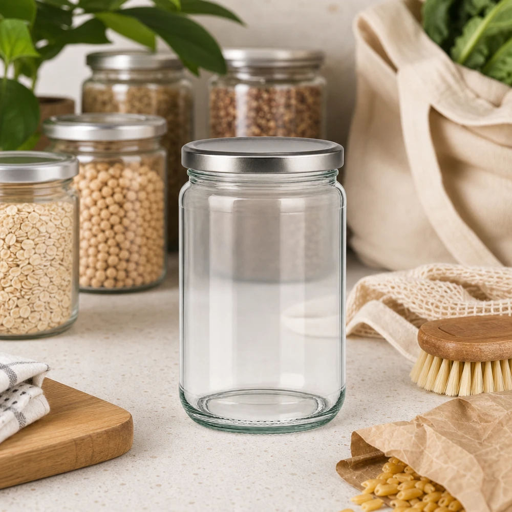 Bocal rond vide de 305ml avec couvercle BasicSeal dans la cuisine durable Zero Waste avec des bocaux à provisions et des produits écologiques