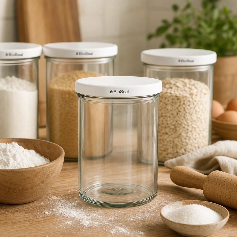 435ml Verre conique avec couvercle BioSeal blanc UNiTWIST UNiTWIST Sturz435 bocal vide avec couvercle blanc TO82 BioSeal dans un environnement de cuisine naturel avec bocaux à provisions