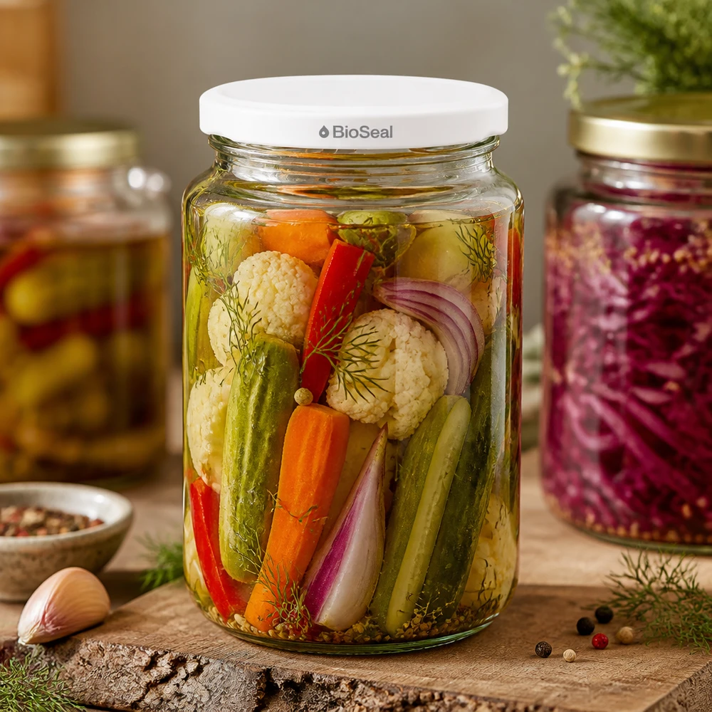 382ml Verre rond avec couvercle BioSeal blanc UNiTWIST UNiTWIST Runda382 Bocal rempli de légumes marinés - Mixed Pickles en bocal avec couvercle blanc BioSeal