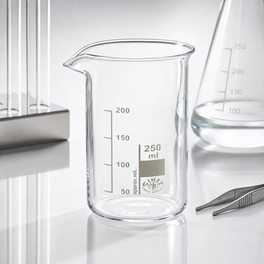 Bécher 250ml en verre borosilicate résistant à la chaleur (forme haute) Verre à bec transparent, forme haute, volume nominal de 250 ml, avec bec verseur pour un dosage précis en laboratoire