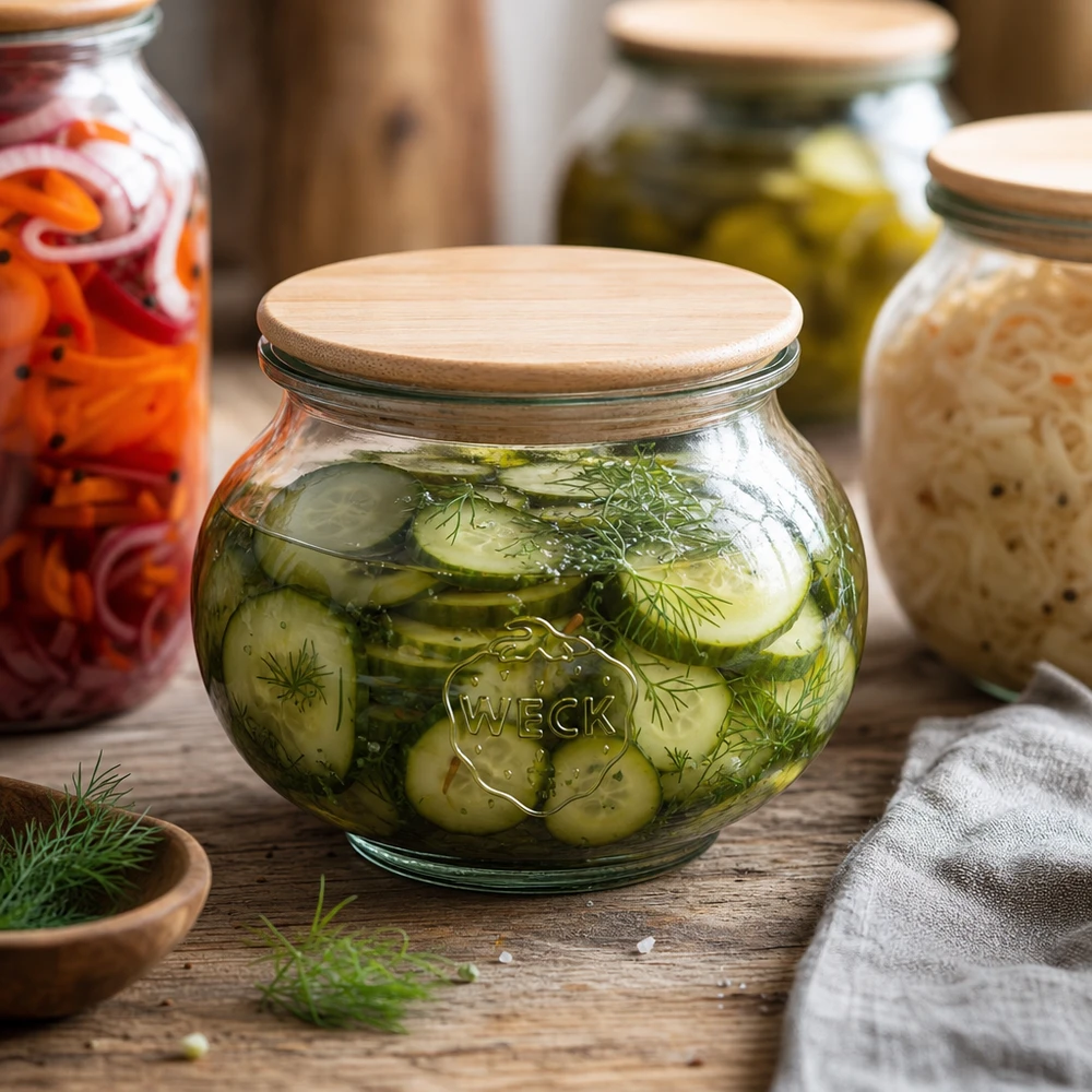 WECK Pot à bijoux 560ml RR80 avec couvercle en bois rempli de cornichons marinés et d'aneth dans une cuisine rustique de fermentation