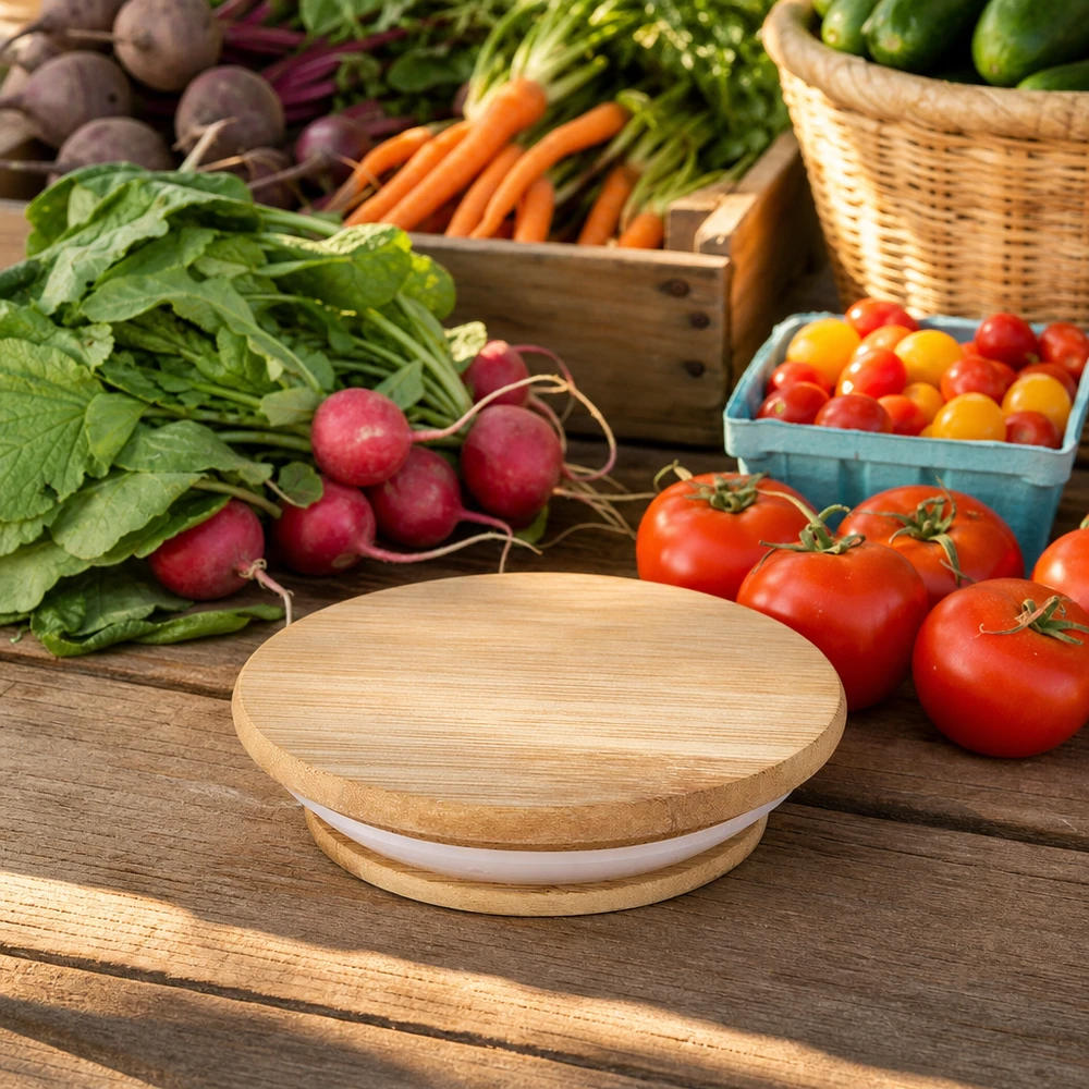Couvercle en bois WECK RR40 Chêne naturel entre légumes frais tomates radis carottes environnement naturel de cuisine