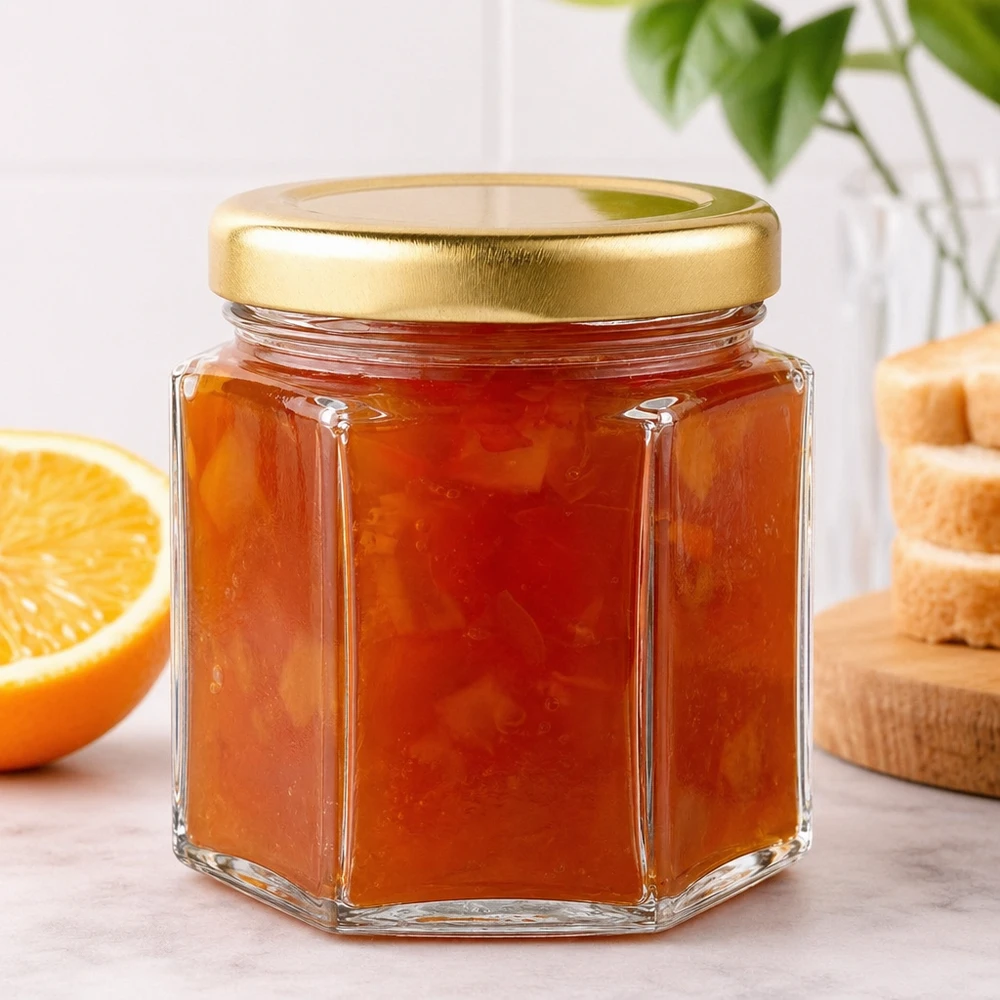 Pot de miel hexagonal de 60g rempli de marmelade d'orange à côté d'une orange coupée et de pain grillé