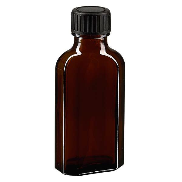 Flasque brune de 50 ml au goulot DIN 22, avec bouchon à vis DIN 22 noir au joint LKD Flasque brune de 50 ml au goulot DIN 22, avec bouchon à vis DIN 22 noir au joint LKD