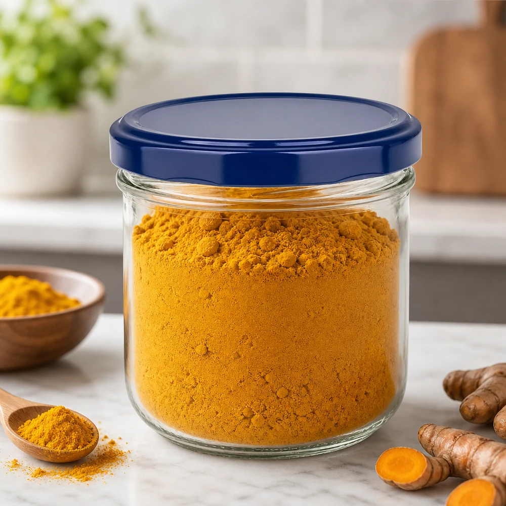 260ml Verre conique avec couvercle BasicSeal bleu UNiTWIST Le bocal de 260 ml rempli de poudre de curcuma montre l'utilisation pratique du couvercle bleu UNiTWIST pour la conservation des épices.