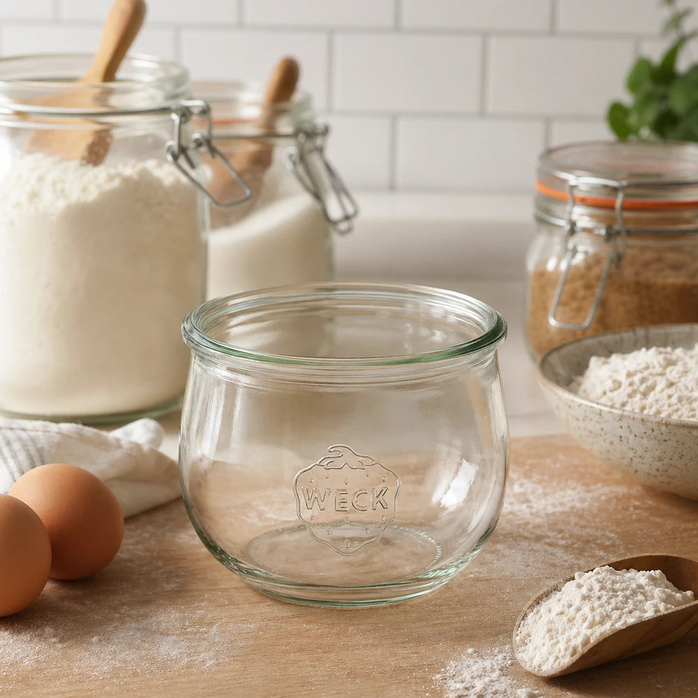 WECK Pot tulipe 580ml RR100 Pot de conservation dans la cuisine avec farine Œufs et bocaux à provisions sur plan de travail en bois