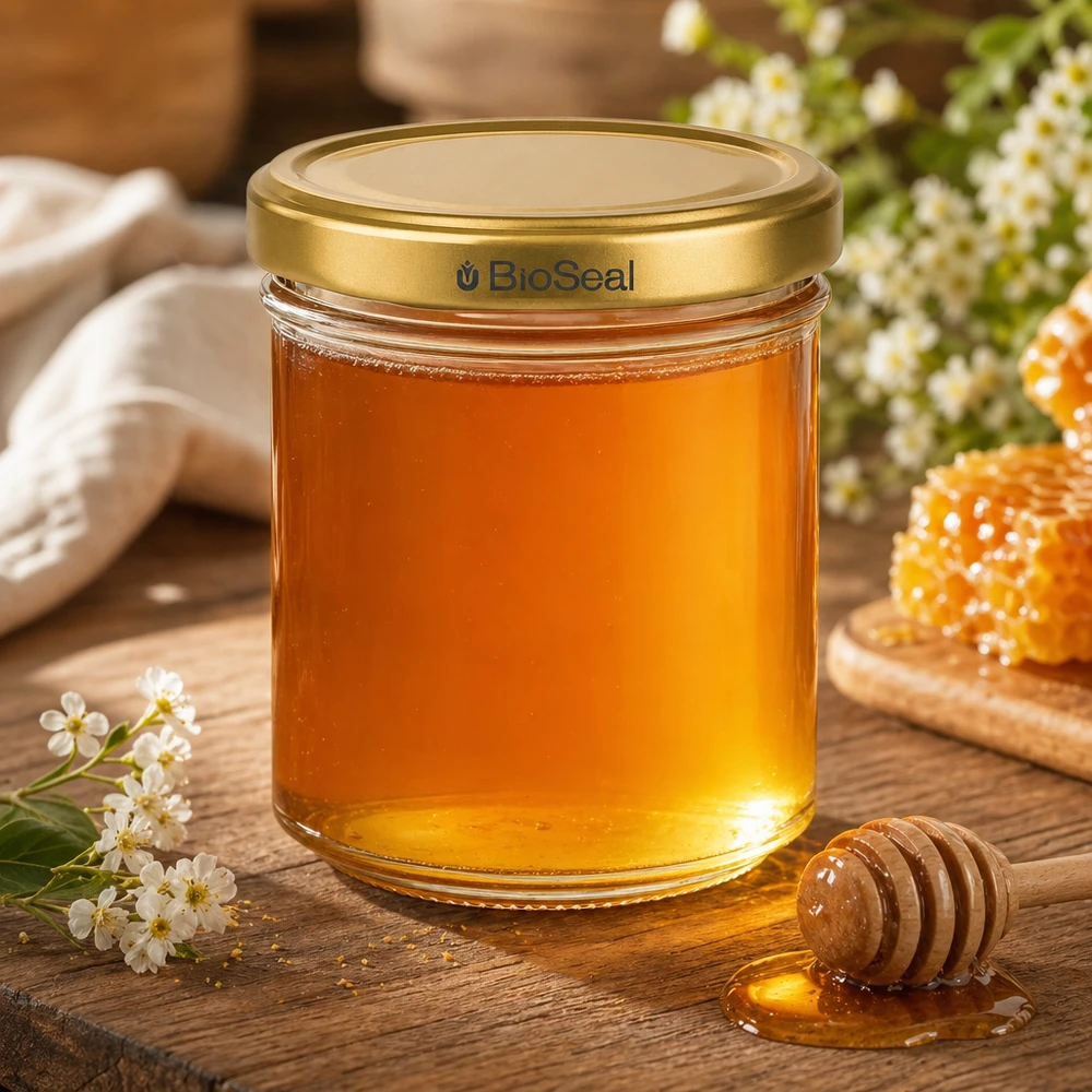 BioSeal 200g pot de miel rempli de miel doré cuillère de miel nid d'abeille fleurs décoration rustique en bois