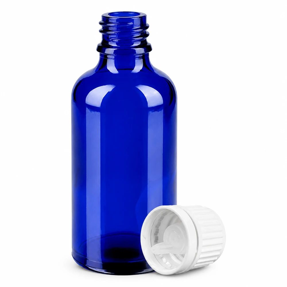 Flacon compte-goutte 50ml 0.7mm blanc OV BlueLine UT18/50 Bouteille de pharmacie 50ml bleue avec bouchon de sécurité enfant pour huiles essentielles et teintures