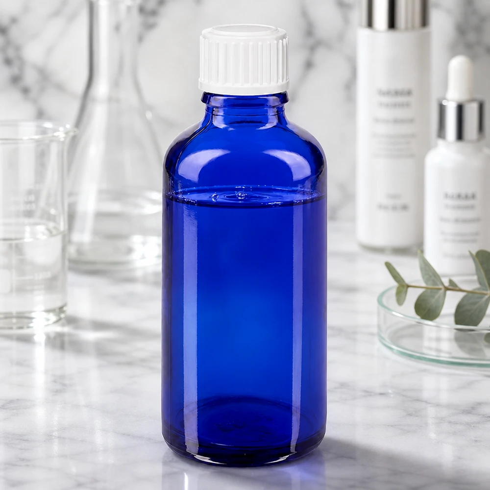 Flacon en verre bleu cobalt de 50 ml muni d'un compte-gouttes de 0,9 mm, posé sur une surface en marbre dans un décor de laboratoire