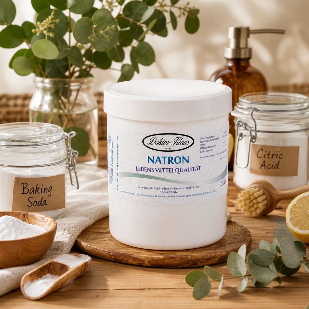 Bicarbonate de soude Doktor Klaus, en boîte blanche de 500 g, apte à l’utilisation alimentaire Bicarbonate de soude Docteur Klaus 500g dans une boîte ronde blanche pratique avec un couvercle à vis pour un stockage facile
