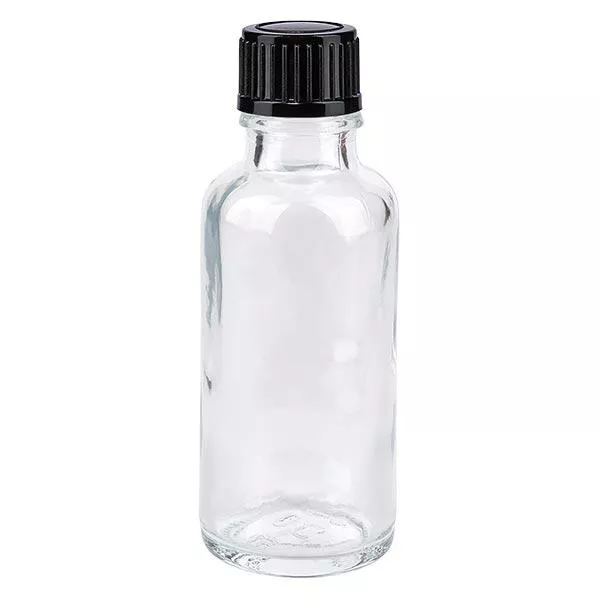 Flacon de pharmacie transparent 30ml bouchon vissable noir std Flacon de pharmacie transparent 30ml bouchon vissable noir std